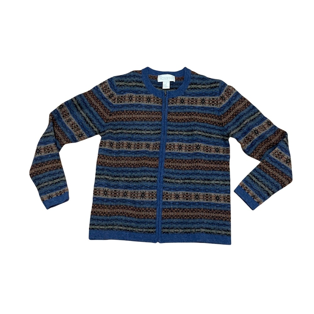 Rosanna Small VTG Lambswool Fair Isle Cottage Full Zip Cardigan Sweater Blue